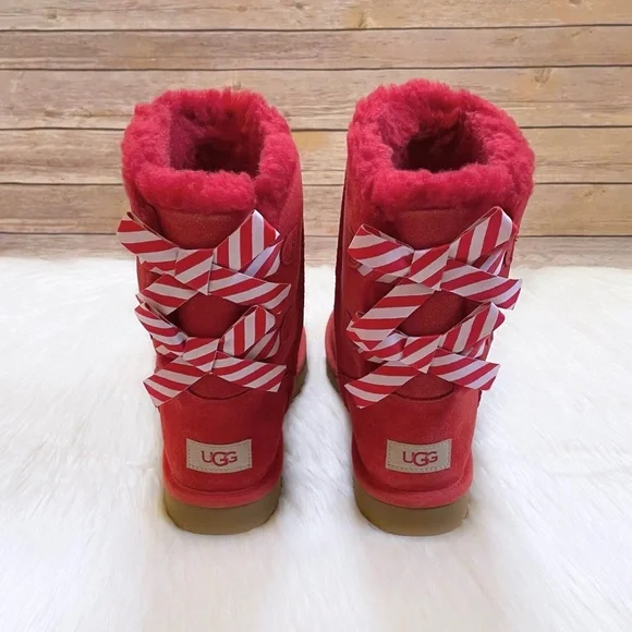 UGG Bailey Bow Diagonal Stripes Poppy Red Boots - Picture 4 of 8
